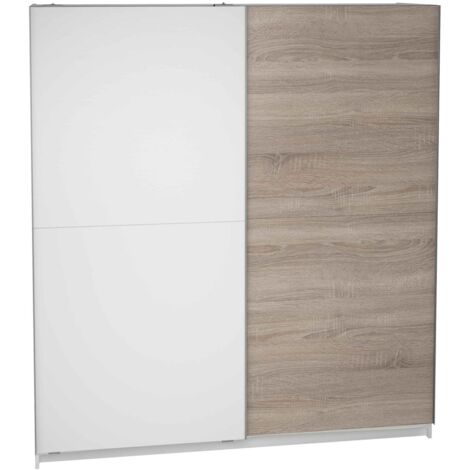 Armario 2 puertas correderas acabado en blanco/roble, 200 cm(alto)180 cm(ancho)60 cm(fondo)