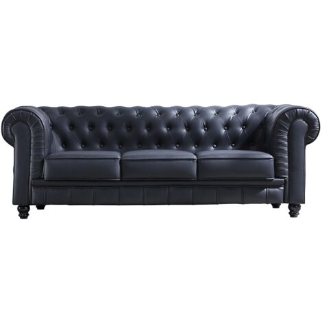 Sofá 3 plazas Chesterfield tapizado en símil piel negro, 211 cm(ancho) 75 cm(altura) 84 cm(fondo).