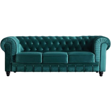 Sofá 3 plazas Chesterfield tapizado en tela velvet verde, 211cm(ancho) 75 cm(altura) 84 cm(fondo).
