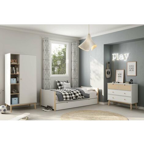 Cama nido juvenil Tiana con somier acabado blanco/natural  62 cm(alto) 200 cm(ancho) 98.5 cm(fondo)