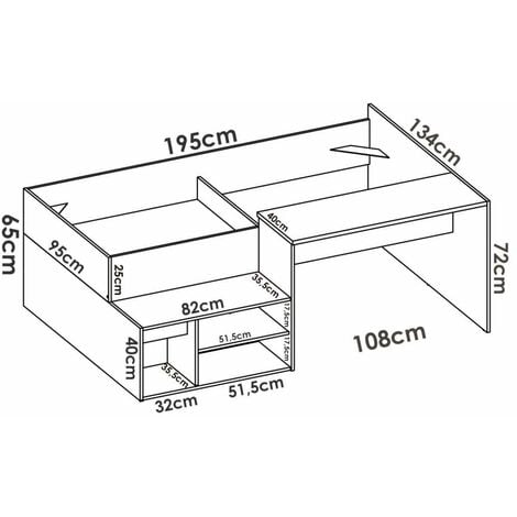 Cama compacta  con escritorio Lara de 90 cm en blanco 72.7 cm(alto)133.8cm(ancho)195 cm(largo)