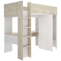 Cama alta juvenil Zero cama, escritorio y armario en alistonado natural-blanco, 177cm(alto) 205cm(ancho) 112cm(largo)