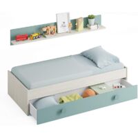Cama nido Moy con estantería de pared en blanco alpes y verde aqua
