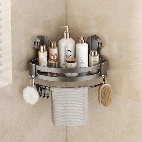 Etagere Douche Angle Ventouse, Etagere Angle Salle De Bain sans Percage avec Porte Serviettes et Crochets Rangement et Organisation de La Salle de Bain Support Gel Douche(1 PièCe, Gris) (1/5)