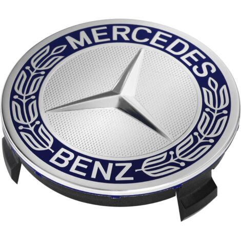 Cache-moyeux compatible Mercedes-Benz – Pour C180, C200, E260, E300, S350, ML350 – Diamètre 75 mm – Bleu foncé – Étoile avec couronne de laurier (non collection) (1/3)