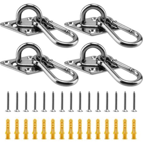 Crochet Plafond Lot de 4 - Crochet INOX M6 Acier Inoxydable avec 4 Mousquetons - Fixation Voile d'Ombrage - Œillet Mural 65x40x17mm (1/5)