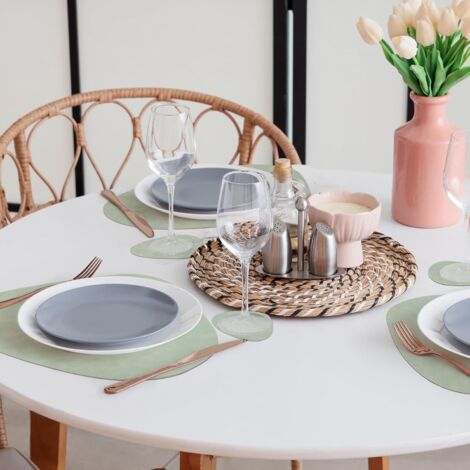 Lot De 6 Sets De Table Rond 33x33 Cm Double Face Vert Blanc – Cuir Antidérapant Imperméable, Protection Table Cuisine & Salle à Manger