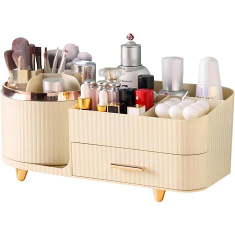 Organisateur rotatif crème 360° avec tiroirs, grande capacité pour skincare, fards, pinceaux et rouges à lèvres. (1/5)