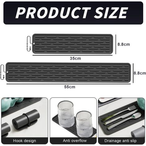 Tapis Égouttoir Étroit Silicone Xiruiubao 43x7,5x1cm - Antidérapant Et Gain De Place Noir