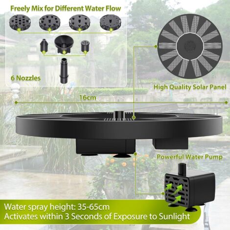 Fontaine Solaire Flottante 1.5W Avec 6 Buses - Pompe Bassin Extérieur Jardin 16cm