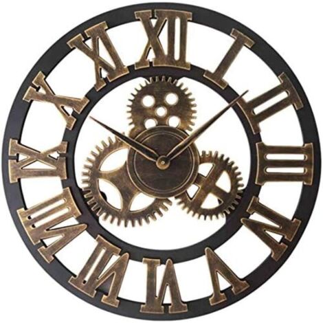 Veemoon Horloge murale industrielle vintage de 28 cm avec chiffres romains 3D - Fonctionnement à piles - Sans tic-tac - Style rétro et rustique - Détails effet vieilli