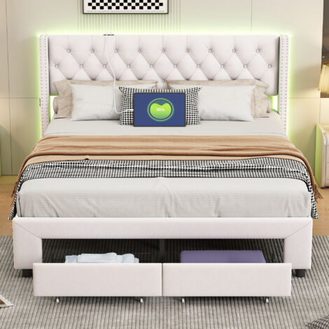 Lit Double 160x200, Lit 160x200 Capitonné, Lit Adulte avec Rangement, 2 Tiroirs, Lit Coffre LED, Chargement 2 USB, Lumière LED Réglable, Sommier à Lattes en Bois, Cadre de Lit, Décoration de Rivets, V (1/5)