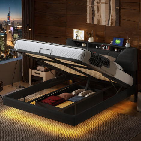 Lit Coffre 140x200,Lit Capitonné 140x200,Lit Adulte avec Chargement USB et LumièRe LED,Lit Double Coffredans,Cadre de Litdans Lit Adulte,Tete de Lit avec Rangement,Cadre a Lattes,PU,Noir (1/5)