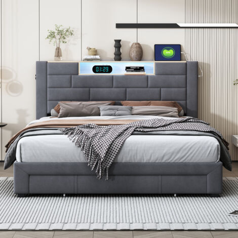 Lit Capitonné 160x200, Lit Double 160x200, Lit Adulte avec Rangement, Lit Coffre LED et Chargement USB, Lit avec 3 Tiroirs, Cadre de Lit, Cadre en MéTal, Sommier à Lattes en Bois, Velours, Gris (1/5)