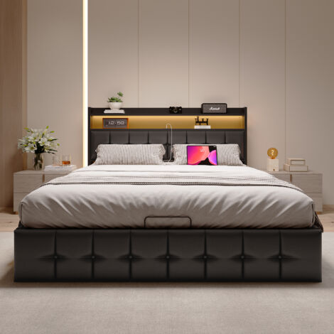 Lit Coffre 140x200,Lit Capitonné 140x200,Lit Adulte avec Chargement USB et LumièRe LED,Lit Double Coffredans,Cadre de Litdans Lit Adulte,Tete de Lit avec Rangement,Cadre a Lattes,PU,Noir (1/5)