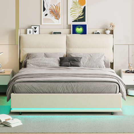 lit coffre 140x200, lit double 140x200, lit capitonné, lit adulte LED réglable et chargement USB, dossier rembourré avec fermeture éclair, sommier à lattes en bois, velours, blanc cassé (1/5)