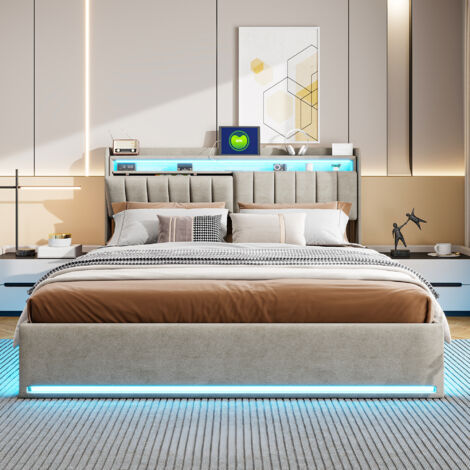 Lit coffre 160x200 avec tête de lit avec rangement, Lit avec LED et chargement USB, Lit double avec sommier, Lit rembourré, Lit adulte avec rangement utiliser tige de gaz, Lit capitonné velours, Gris (1/5)