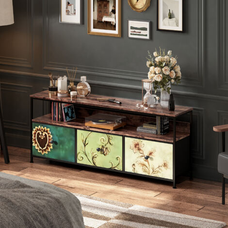 Meuble TV 108 cm,Meuble TV LED Éclairage,Meuble TV avec 3 Tiroir en Tissu , Cadre en MéTal,Pieds Réglables en Hauteur,Panneau de Particules, Style Rétro,Couleur (1/5)
