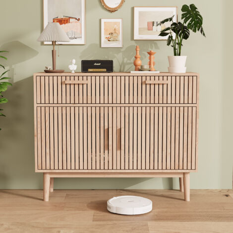 buffet 2 portes 2 tiroirs, commode bois, meuble de rangement cuisine, commode bois massif, placard cuisine, dispositif anti-basculement, aspect rotin, pour salon,cuisine,chambre, couleur bois d'origin