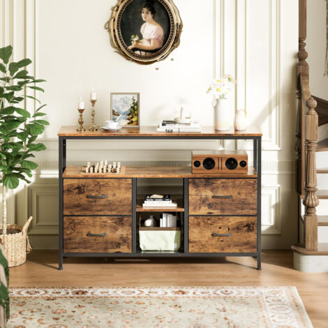 Meuble TV 108 cm,Meuble TV LED Éclairage,Meuble TV avec 4 Tiroir en Tissu , Cadre en MéTal,Pieds Réglables en Hauteur,Panneau de Particules, Style Rétro,Couleur de Peau de Tigre
