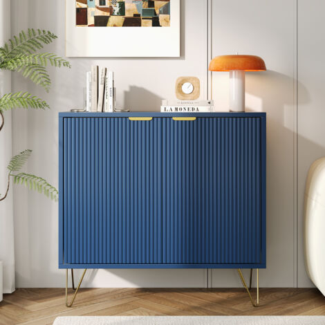 Meuble de Rangement 2 Portes 1 Cloison, Table de Chevet, Buffet Bas, Pieds et Poignées en Métal Doré, Texture à Rayures Verticales, pour Chambre, Salon, Cuisine, 80x40x78 cm, Bleu Foncé