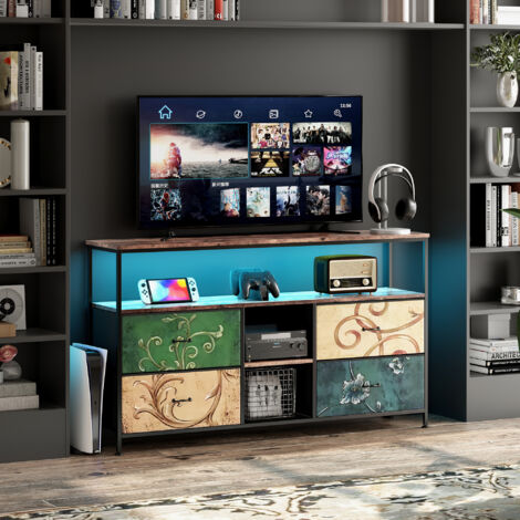 Meuble TV 108 cm,Meuble TV LED Éclairage,Meuble TV avec 4 Tiroir en Tissu , Cadre en MéTal,Pieds Réglables en Hauteur,Panneau de Particules, Style Rétro,Couleur