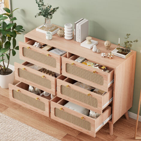 Commode 6 Tiroirs, Commode en DéCor Bois et Cannage, Tiroir en Rotin, Meuble a Tiroirs, Commode Bois Massif,Couleur Bois D'origine,100 × 34 × 73cm