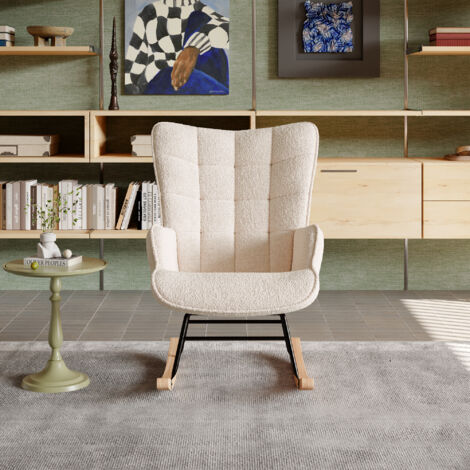 Fauteuil a Bascule, Chaise à Bascule Rembourrage Épais, Fauteuil Rocking Chair avec Accoudoirs, Dossier Haut, Pieds en Bois, pour Chambre, Salon, Jardin, Velours Teddy, Beige (1/5)