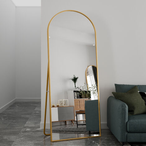 180 × 80 cm Miroir sur Pied, Grand Miroir Mural Design, Miroir Plein Pied Miroir de Sol Cadre en Aluminium Grand Miroir sur Pied avec Support Miroir Mural D'EntréE Chambre à Coucher Couloir, Or Voûte