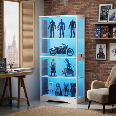 JOOKGBD-Vitrine avec LED et Capteur Intelligent,Vitrine en Verre à 4 Étages avec Portes Vitrées,Meuble de Présentation pour Salon Chambre Bureau,Blanc