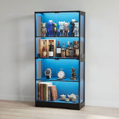 JOOKGBD-Vitrine avec LED et Capteur Intelligent,Vitrine en Verre à 4 Étages avec Portes Vitrées,Meuble de Présentation pour Salon Chambre Bureau,Noir