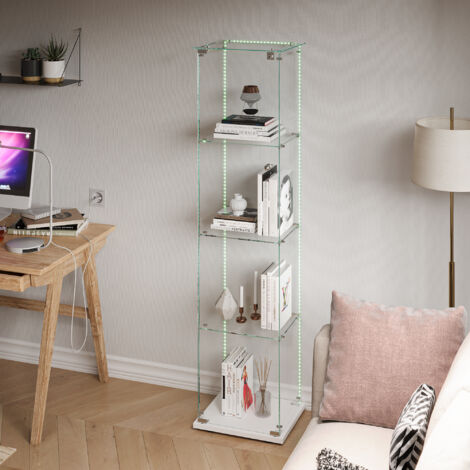HYTKKBD - Vitrine en Verre avec 1 Portes et 4 Étagères,Vitrine pour Collection avec Bande Lumineuse LED,Vitrine Multifonctionnelle,Vitrine Salon,Verre Trempé,163x40x35cm,Blanc