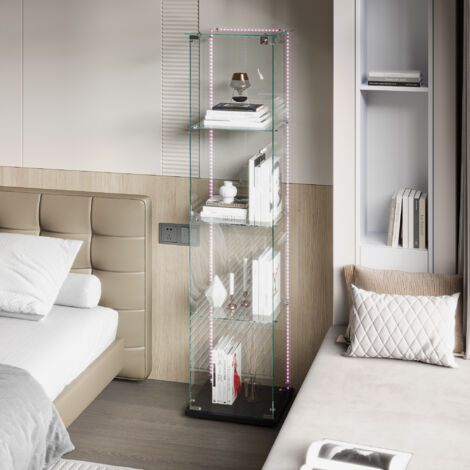 HYTKKBD - Vitrine en Verre avec 1 Portes et 4 Étagères,Vitrine pour Collection avec Bande Lumineuse LED,Vitrine Multifonctionnelle,Vitrine Salon,Verre Trempé,163x40x35cm,Noir