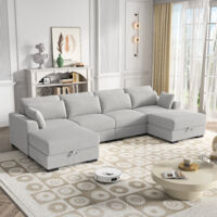 BPKADHY Canapé 4 Places Moderne, Canapés Modulables, Canapé Capitonné avec Coussins et 2 Poufs de Rangement, Canapé D'angle en Velours Côtelé, Canapés Bas, Canapé de Salon, Chambre à Coucher, Gris