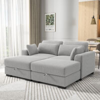 BPKADHY Canapé 2 Places Moderne, Canapés Modulables, Canapé Capitonné avec Coussins et 2 Poufs de Rangement, Canapé D'angle en Velours Côtelé, Canapés Bas, Canapé de Salon, Chambre à Coucher, Gris