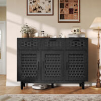 KEFSR- 107.9x40x80 cm Buffet 3 portes + 3 tiroirs effet rotin,meuble de rangement bois pour cuisine,salle à manger,noir,pour assembler