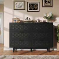 KEFSR- 115x40x80 cm Commode 6 tiroirs effet rotin,meuble de rangement bois naturel pour chambre,salon,entrée,noir,assemblage requis