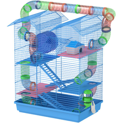 PawHut Gabbia per Criceti e Roditori a 5 Piani con Tubi Colorati, Blu