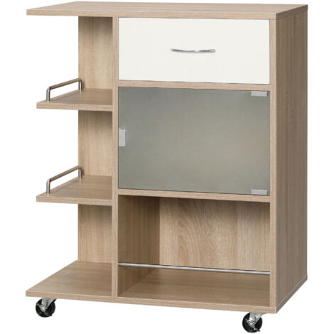HOMCOM Carrello da Cucina Moderno con Cassetto, Ripiani e Armadietto, Isola per Cucina Portavivande in Legno, Acciaio e Vetro, 65x39x80cm (1/5)
