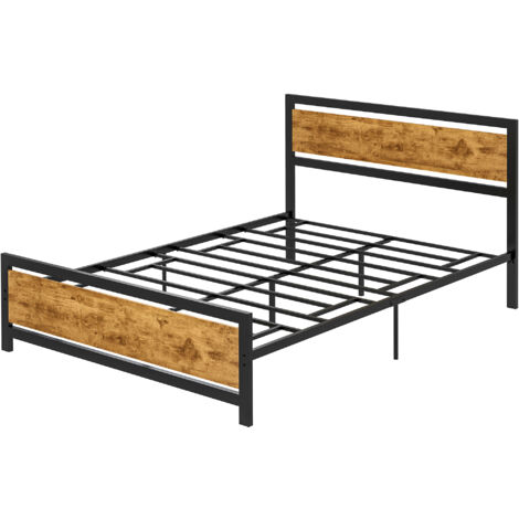 HOMCOM Struttura Letto Una Piazza e Mezza in Legno e Acciaio 147x208x103cm, Doghe Integrate e Testiera in Stile Industriale, Nero e Marrone Rustico (1/5)