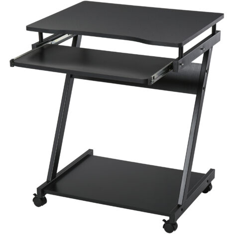 HOMCOM Scrivania per Computer Porta PC Classico e Salvaspazio, Scrivania per cameretta con Piano Tastiera a Scomparsa, 4 Ruote e Ripiano Inferiore Nero 60x48x73cm