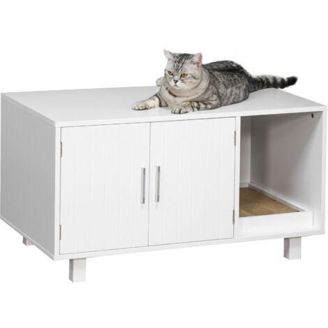 PawHut Mobile per Lettiera Gatti in Legno con 2 Ante e Apertura,Bianco