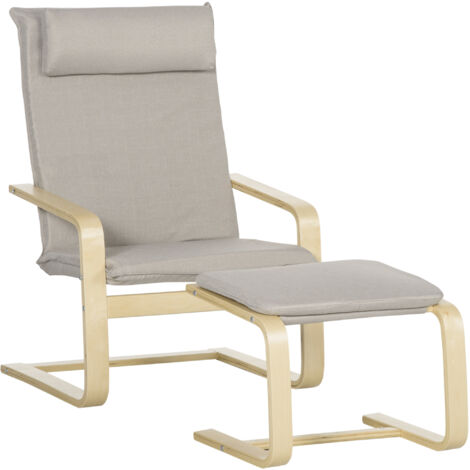 HOMCOM Poltrona Relax con Pouf Poggiapiedi in Legno e Tessuto con Poggiatesta, 67x69x100cm, Grigio (1/4)