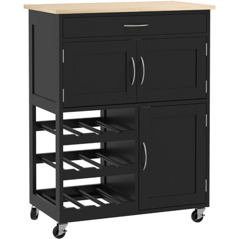 HOMCOM Carrello Portavivande in Legno con Portabottiglie, 3 Ante e Cassetto Nero