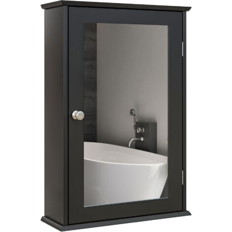 kleankin Specchio Bagno Contenitore con Chiusura Magnetica, Mobiletto Bagno da Parete Salvaspazio in Legno, 41x14x60cm, Nero (1/4)