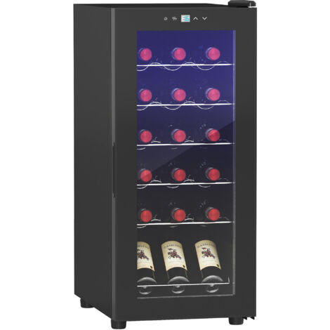 HOMCOM Cantinetta Vino Refrigerata per 18 Bottiglie, Cantina Frigo Vino Anti-UV a Zona Singola con Temperatura Controllata 5-18°, Display Touch, Luci LED, Ripiani Regolabili, Porta Vetro, 34.5x45x78cm