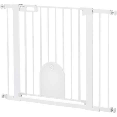 PawHut Cancellino per Cani Regolabile con Porta Piccola e Montaggio a Pressione, Barriera per Cani con Chiusura Automatica, 75-103x76 cm, Bianco