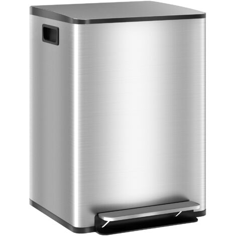 HOMCOM Pattumiera Differenziata 2 Scomparti 20L da Cucina a Pedale, Cestino Spazzatura con Coperchio a Chiusura Silenziosa in Acciaio Inox e PP, 41.8x36.7x58 cm, Argento