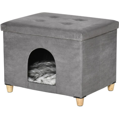 PawHut Casetta per Gatti Pouf Poggiapiedi con Cuscino Rimovibile Grigio