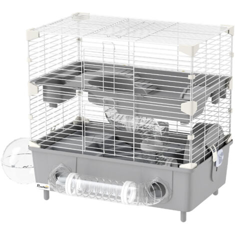 PawHut Gabbietta per Criceti a 2 Livelli e 3 Porte con Ruota Grigio e Bianco